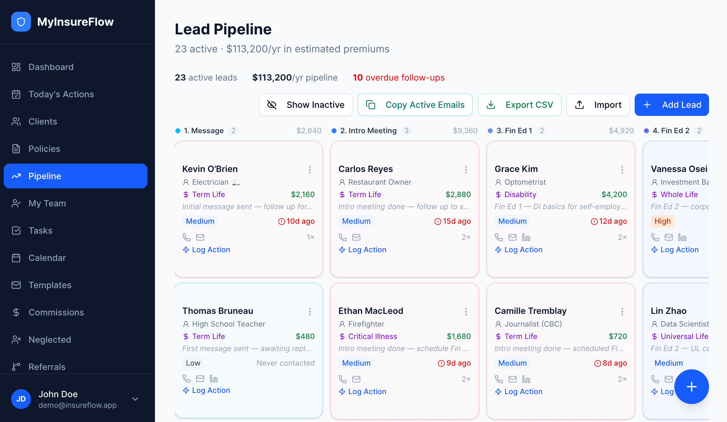 MyInsureFlow lead pipeline kanban board